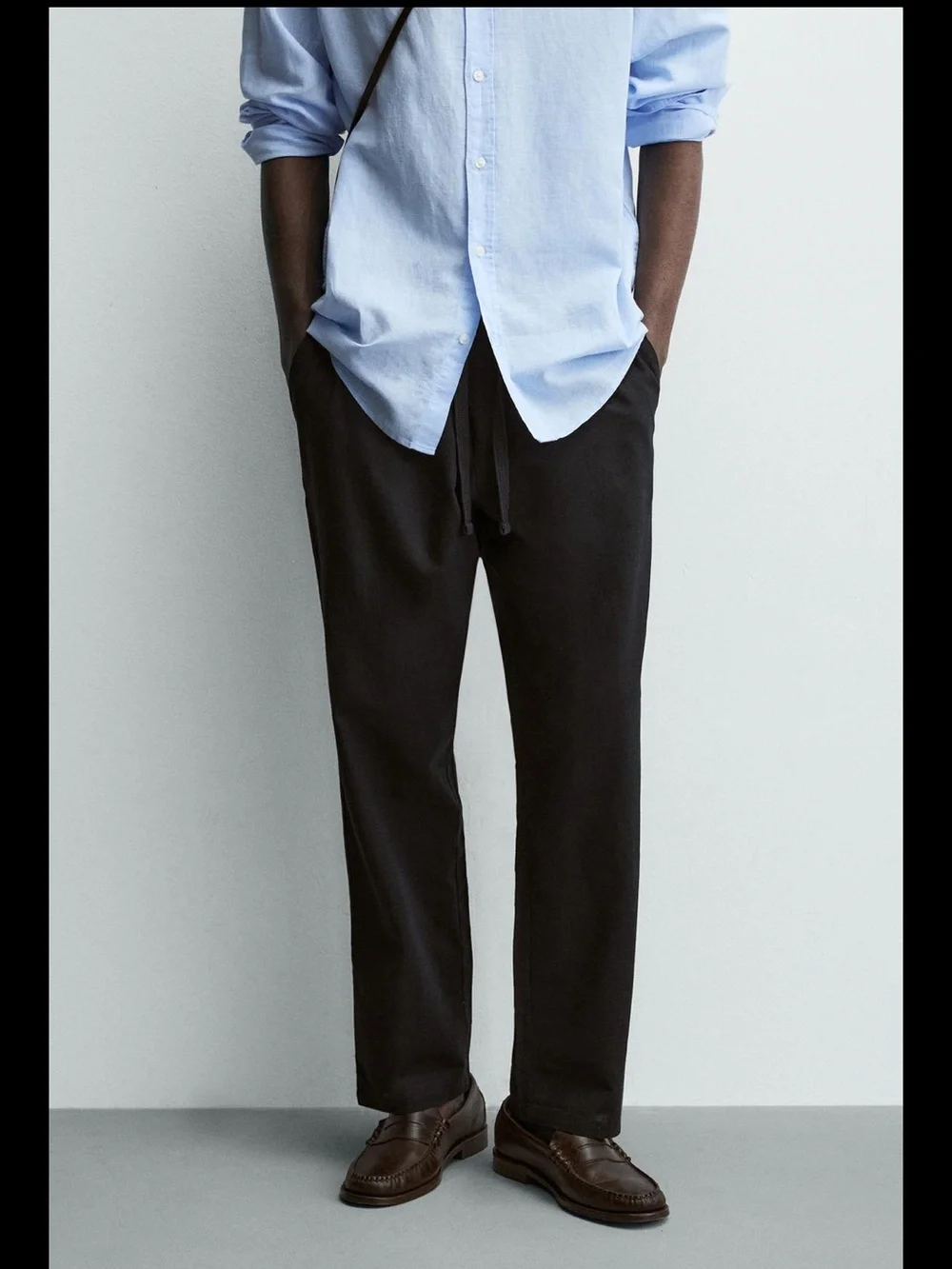 Zara Men's Relaxed Fit Cotton-Linen Pants Black Medium